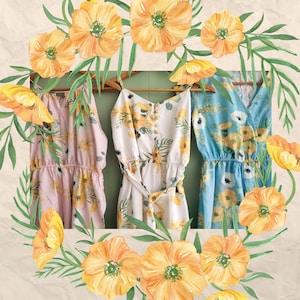 Happy Mimosa - Hand-drawn Watercolor Yellow Mimosa Flowers Pattern - Robes/ Pjs /Rompers - Bridesmaids Getting Ready Outfits