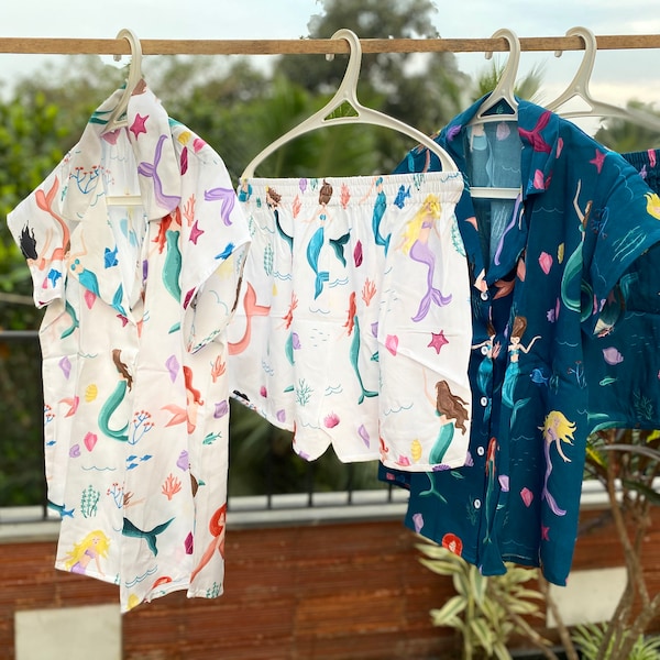 Singing Mermaids Pjs - Mismatched PJs - Notched Collar Style Pj Sets - Bridesmaids Pjs - Getting Ready Pjs