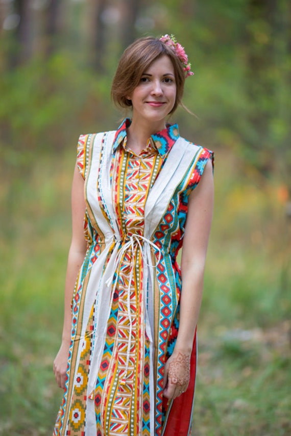 Cool Summer Kaftan Style in Aztec Geometric pattern in White Mustard Color | Bohemian Caftan, Perfect for Loungewear, Beach Cover up