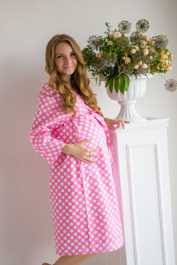 pink and white polka dot maternity dress