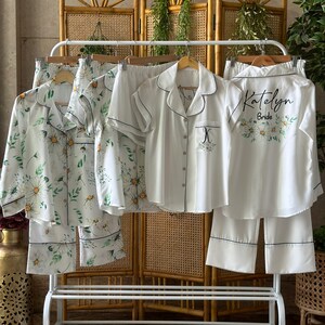 Dual-Design Daisies Bridesmaid PJs: Front with a Wedding Theme & the Back features Personalized Floral Initials | 35+ Colors in Soft Rayon