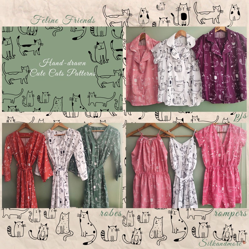 Feline Friends. Handdrawn Cute Cats Pattern Robes / Pjs / Etsy