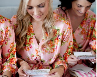 Pinky Peach Floral Posy Silk Bridesmaids robes / Getting ready robes, Satin Robes, Bridesmaids gift, Bridesmaid Robes, Silky Robes