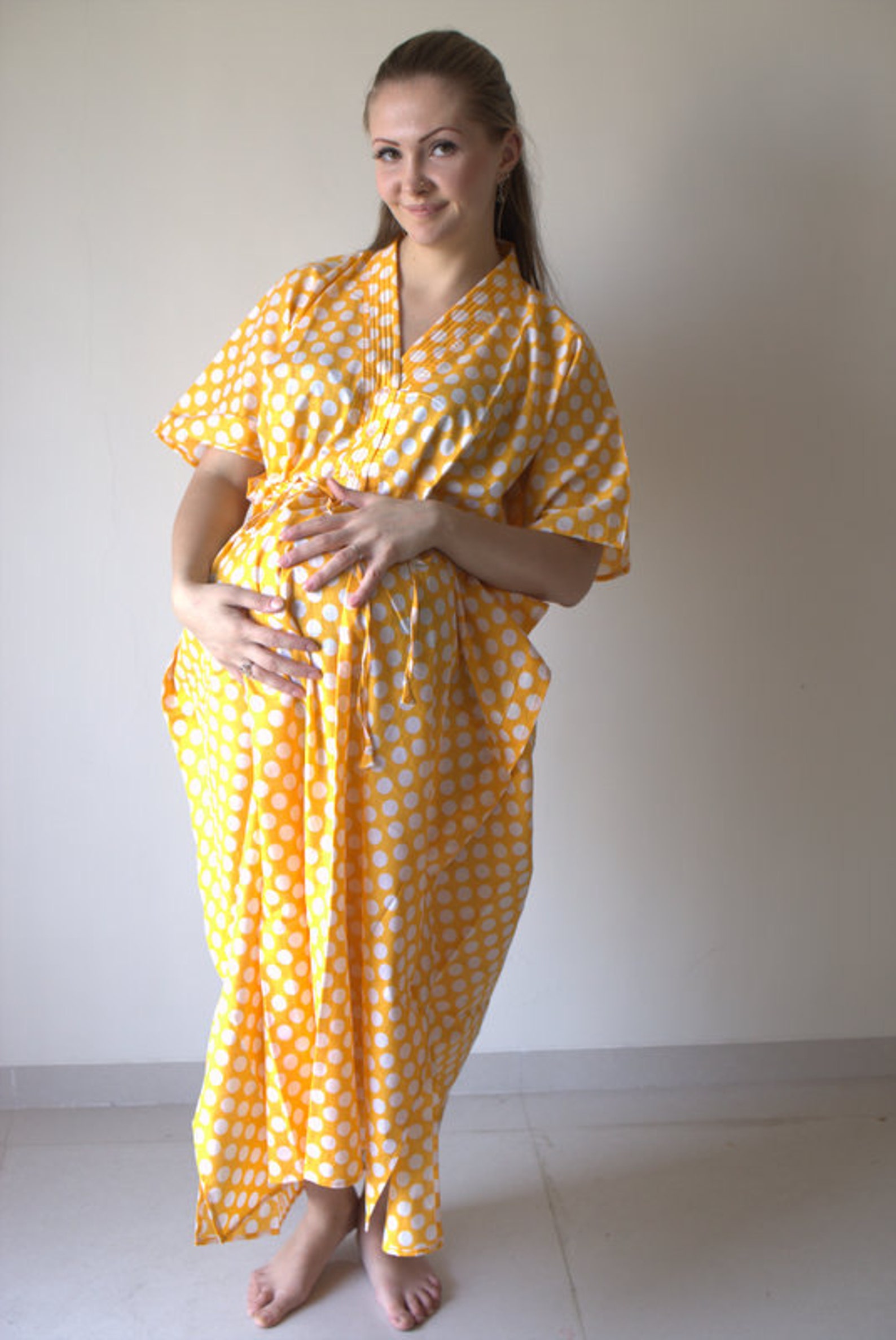 Yellow Polka Dots Buttoned Hospital Gown Delivery Kaftan Etsy