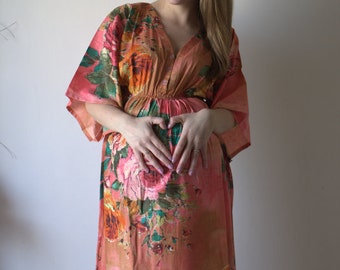 Coral Large Floral Buttoned Empire Waist Dress Butterfly Sleeves Maternity Kaftan Maxi Pregnancy friendly Maternity Maxis Nursing Caftan