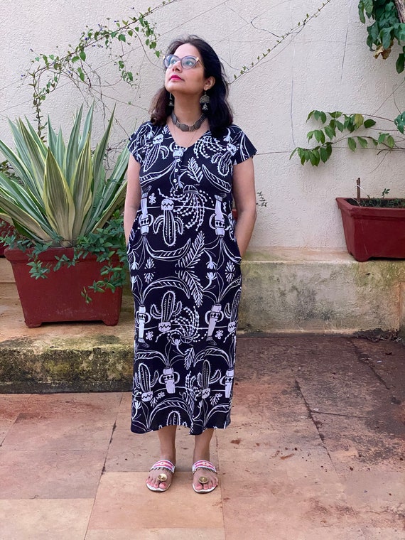 Cute Cacti Lounge Dress | Oversized Dress | Soft Jersey Organic Cotton | House Dress | Full Length Sleep Shirt with Pockets | Shift Dress