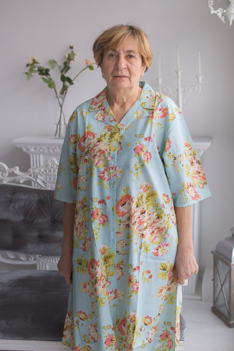 Light Blue Buttonfront Collared Housecoat for Elderly People Flower Rain Pattern Etsy UK