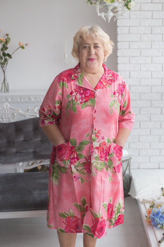 Coral Button front Collared Housecoat for Elderly People Etsy