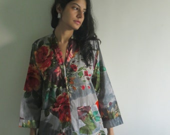 Gray Big Floral Robetan Housecoat Front buttoned Dressing Gown, loungewear Nursing kaftan, getting ready robe, bridesmaids robes, gifts