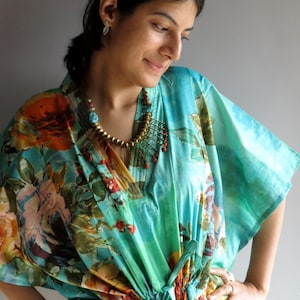 Aqua Green Floral Short 70s Inspired Hostess Gown Kaftan - Best gift for her, dressing gown, lounge wear, beach cover up, vintage fashion