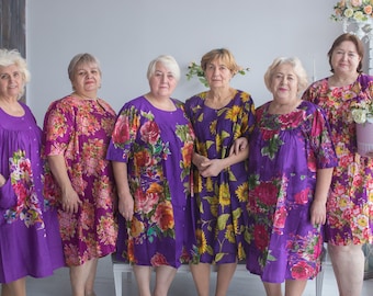 Purple Button-Front Gathered Yoke Housecoat for Elderly People