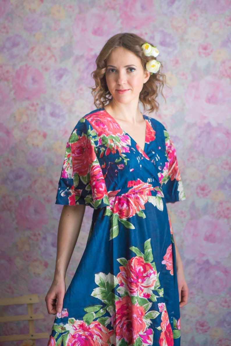 Navy Blue Dress Robes in Fuchsia Large Floral Blossom Pattern Etsy
