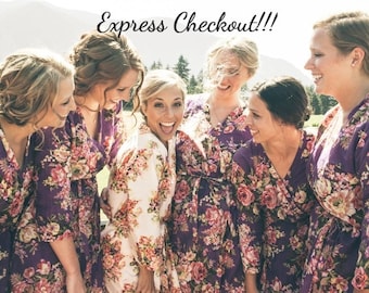 Purple-Bridesmaids Robes, Kimono Crossover Robes, Spa Wraps, Bridesmaids gift, getting ready robes, Bridal shower party favors, Floral