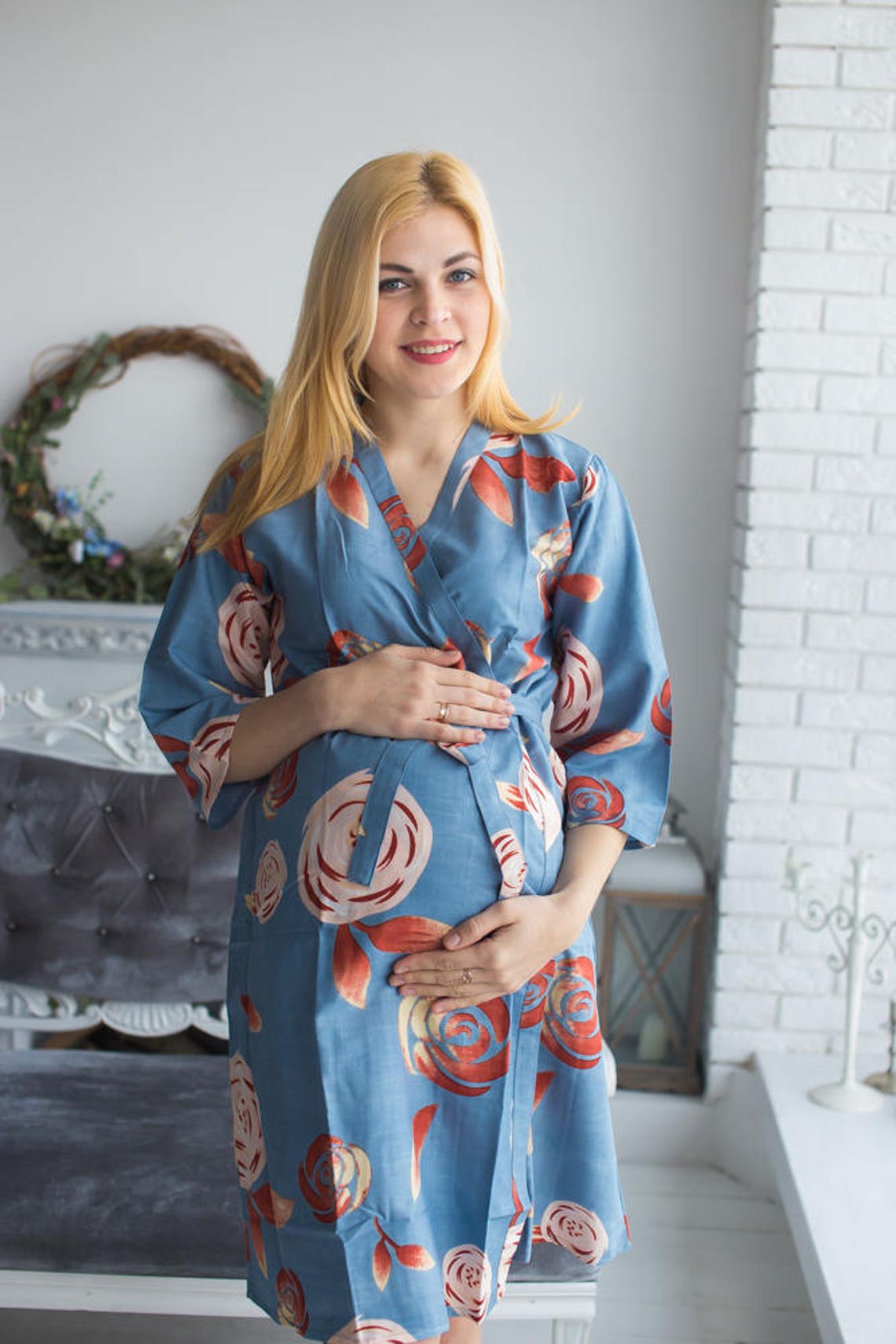 Moms in Premium Dusty Blue Soft Rayon, Maternity Robe, Delivery Robe ...