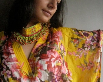 Yellow Floral Kaftan Robe - Perfect as a long dress, loungewear, beachwear, spas, for to be mums, actually best gift for her