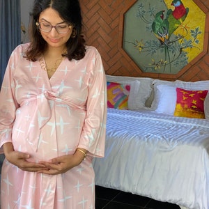 Positive Vibes in Blush Maternity Robe | Softest Jersey Knit Organic Cotton | Hospital Gown | Nursing Gown | Feeding Robe | Delivery Robe
