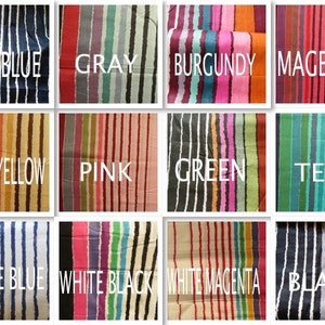 May include: A collection of 12 fabric swatches with different colored stripes. The swatches are labeled with the following colors: Dark Blue, Gray, Burgundy, Magenta, Light Yellow, Pink, Green, Teal, White Blue, White Black, White Magenta, and Black.