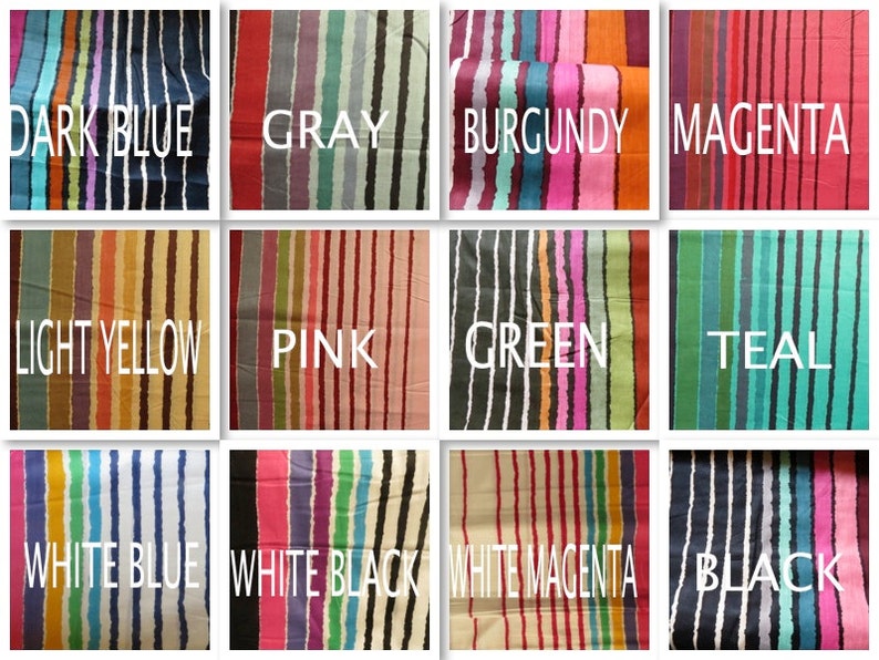 May include: A collection of 12 fabric swatches with different colored stripes. The swatches are labeled with the following colors: Dark Blue, Gray, Burgundy, Magenta, Light Yellow, Pink, Green, Teal, White Blue, White Black, White Magenta, and Black.