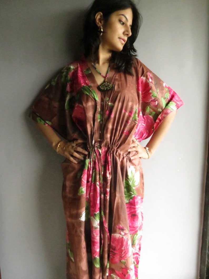 Light Brown Fuchsia Floral Nursing Kaftan Perfect as loungewear, as beachwear, gift for moms and to be moms and more image 2