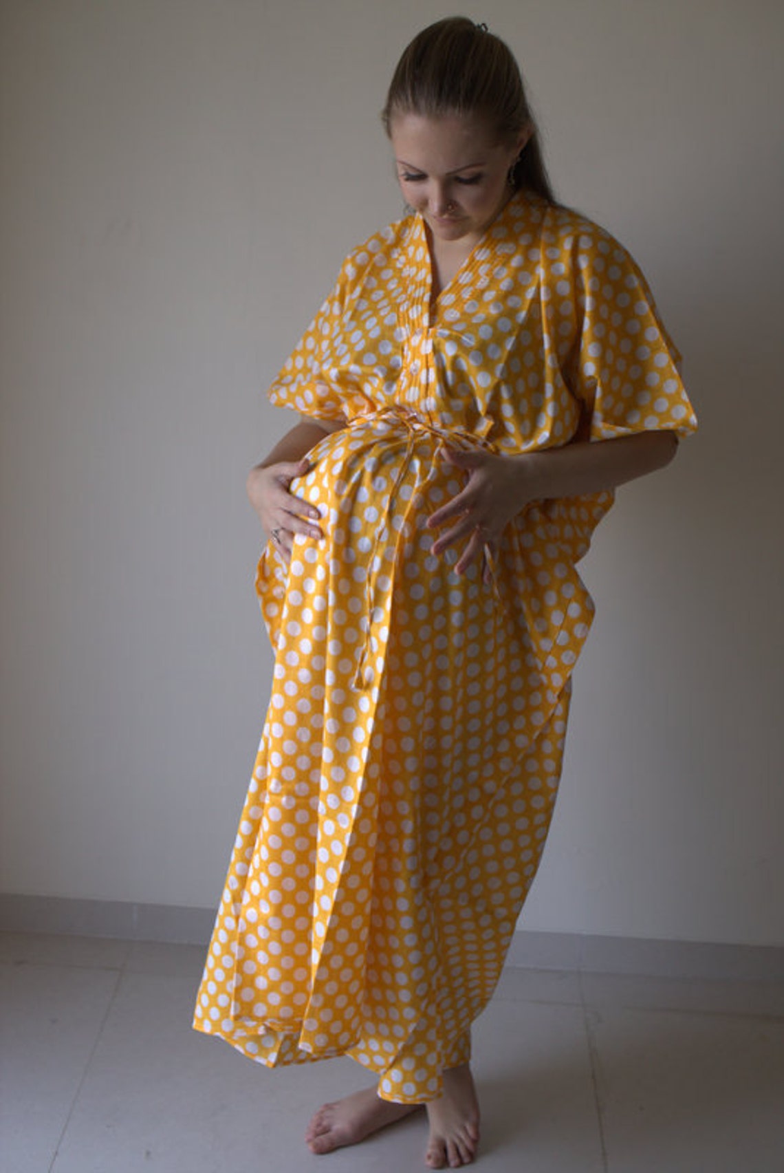 Yellow Polka Dots Buttoned Hospital Gown Delivery Kaftan Etsy