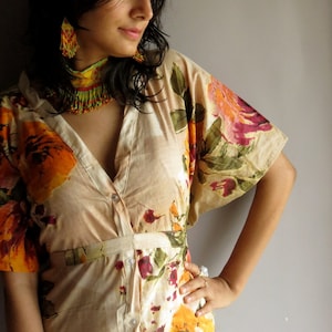 Beige Floral front button closure kaftan robe perfect as getting ready robes, beach coverup, dressing gown, loungwear, gift for her