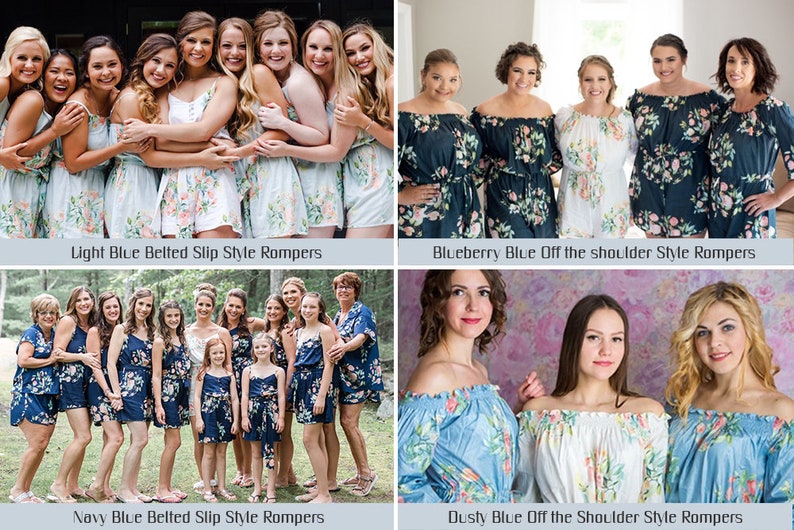 Bridal Party Rompers Bridesmaid Rompers Dreamy Angel Song pattern Bridesmaids Gifts Light Blue Belted Slip Style Rompers