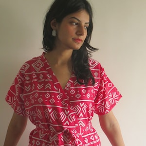 Short Sleeved Kimono Robe Red Aztec Tribal Crossover Knee length Robe.getting ready robe, bridal robe, pre-wedding photos..Bridesmaids Robes