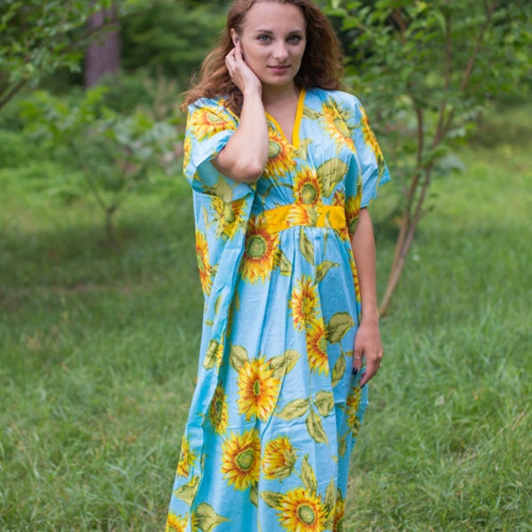 Unfurl Kaftan Style in Sunflower Sweet pattern in Light Blue Color | Bohemian Caftan, Perfect for Loungewear, Beach Cover up