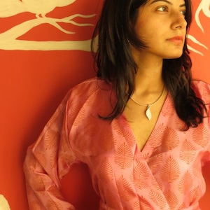 Coral Silk Hand-Block Printed Betel Leaf Design Kimono Robe, getting ready robe, bridal robe, wedding favors, bridesmaids robes
