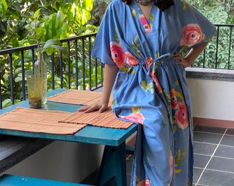 Smiling Blooms Caftan - Softest rayon free flowing kaftan dress - Perfect as house dress, lounge wear, beachwear, muumuu, mumu