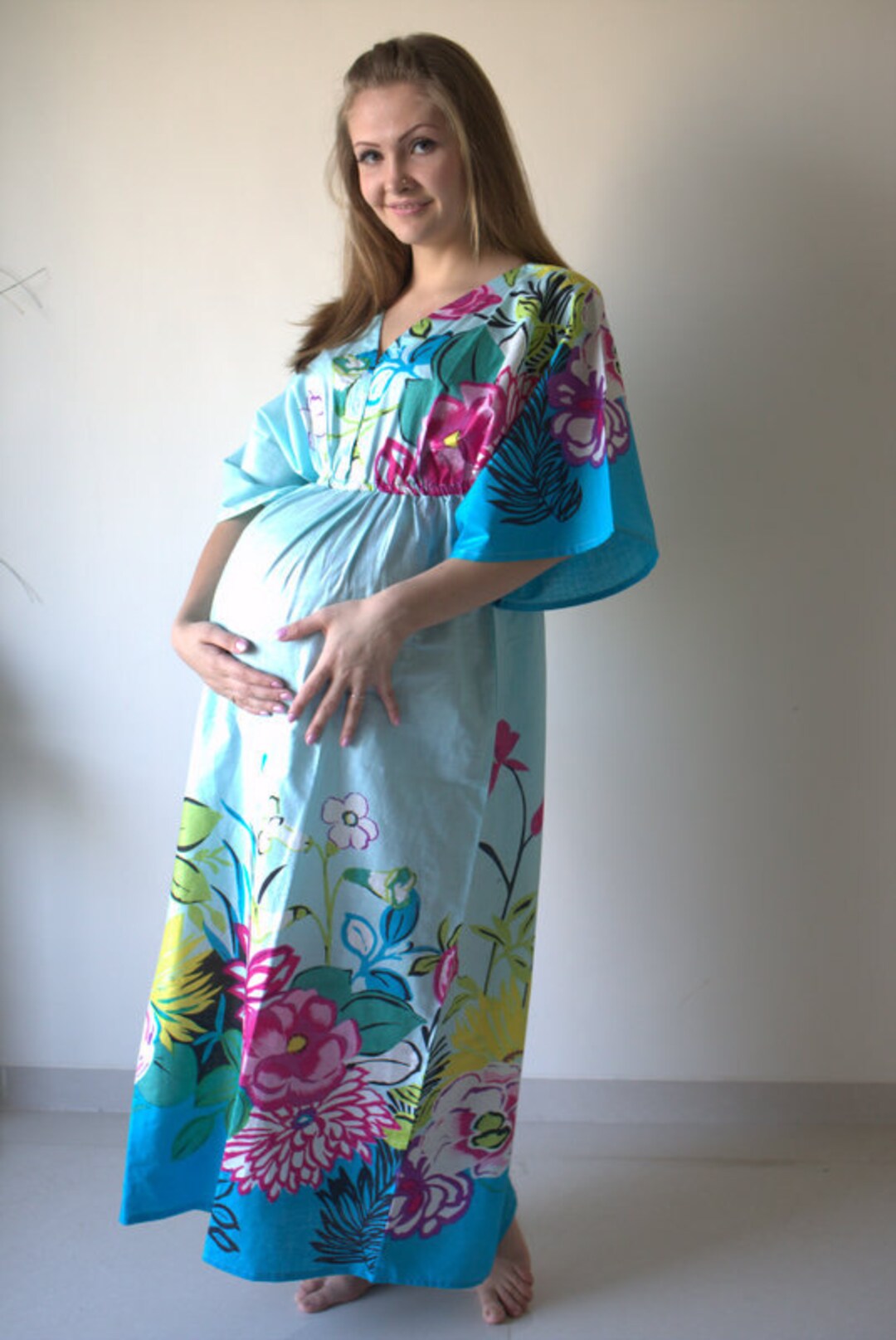 Light Blue Floral Jungle Empire Waist Dress Butterfly Sleeve Maternity ...