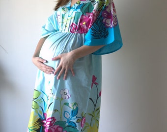 Light Blue Floral Jungle Empire Waist Dress Butterfly Sleeve Maternity Kaftan Maxi Pregnancy friendly Maternity Maxis Nursing