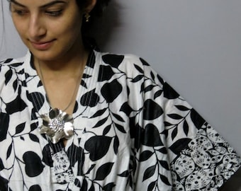 White and Black Leafy Short Kaftan - Perfect gift for her