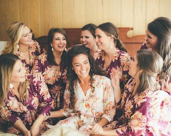 Eggplant Bridesmaids Robes Sets | Kimono Robes. Bridesmaids gifts. Getting ready robes. Bridal Party Robes. Floral Robes. Dressing Gown