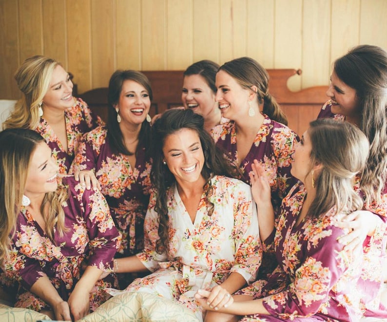 Eggplant Bridesmaids Robes Sets Kimono Robes. Bridesmaids gifts. Getting ready robes. Bridal Party Robes. Floral Robes. Dressing Gown image 1