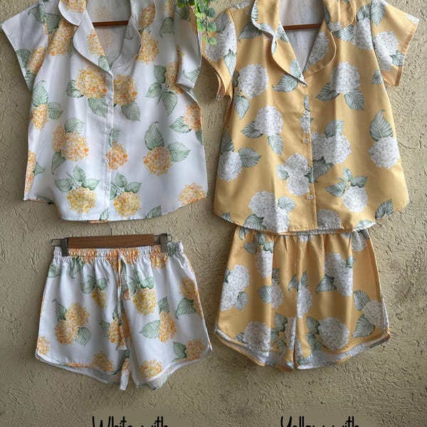 Opposite Colorways Hydrangea PJs - Notched Collar Style Pj Sets in Blooming Hydrangeas Pattern - Bridesmaids Pjs