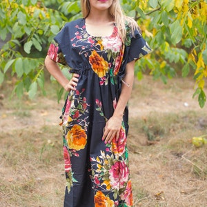 Side Strings Sweet Kaftan Style in Large Floral Blossom pattern in Black Color | Bohemian Caftan, Perfect for Loungewear, Beach Cover up