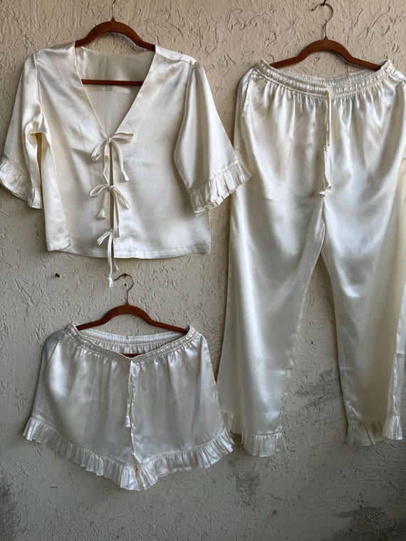Silk Tie Front Ruffled PJ Sets - Bridesmaids Getting Ready Outfits - Bridesmaids Pjs - Available in 20+ colors - XS-4XL