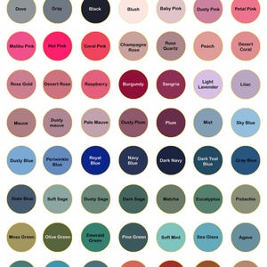 May include: A satin colour chart displaying a range of colours, including white, ivory, and various shades of pink, blue, green, and brown. The chart is labelled "Satin Colour Chart", with each colour identified by its name.