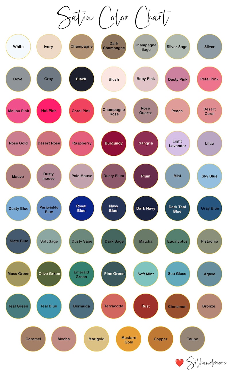 May include: A satin colour chart displaying a range of colours, including white, ivory, and various shades of pink, blue, green, and brown. The chart is labelled "Satin Colour Chart", with each colour identified by its name.