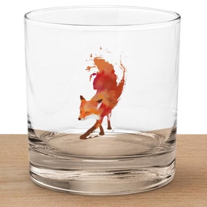 Fox Watercolor Whiskey Glass - Nature Inspired Wildlife Barware - Unique Gift for Whiskey Lovers - Single 11oz Whiskey Glass
