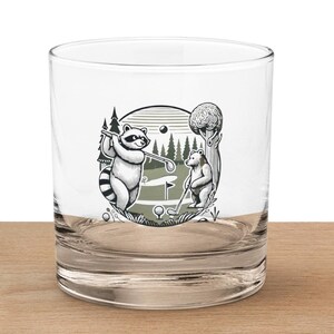 forest Rocks glass, Golfing Raccoon and Bear Whiskey Rocks Glass, Fun Barware Gift for Whiskey Lovers and Golf Enthusiast
