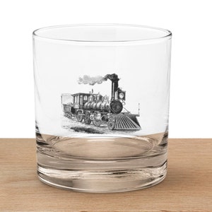 train rocks glass, Vintage Steam Train Whiskey Glass, Classic Locomotive, Train Lover, Steam Engine Glassware, Historic Train Barware Decor