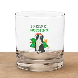 Funny Cat Whiskey Rocks Glass | Christmas Cat Lover Whiskey Glass | Holiday Gift For Whiskey Drinkers | I Regret Nothing Whiskey Glass