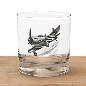 WWII Fighter Plane Whiskey Glass – Engraved Vintage Warbird Rocks Glass for Aviation Enthusiasts