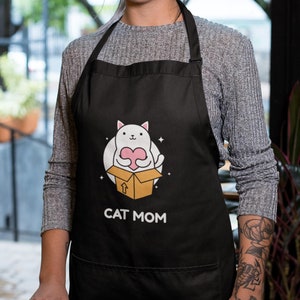 Cute mom Cat Apron - Apron with Pockets with Adorable Heart Cat Design - Perfect Gift for Cat Lovers and Kitchen Enthusiasts