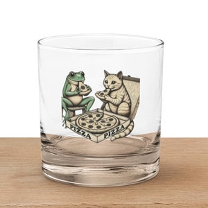 Copo de uísque de pizza de sapo e gato - utensílios de bar de animais engraçados - presente de vidro de pedras exclusivo para bebedores de bourbon e amantes de pizza