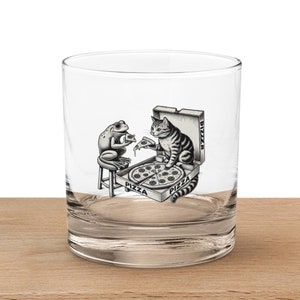 Copo de uísque Frog and Cat Pizza - Utensílios de bar divertidos para amantes de animais - Copo Bourbon Rocks para uma experiência única de beber uísque