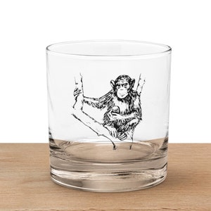 Playful Chimpanzee Whiskey Glass - Unique Monkey Etched Tumbler, Wildlife Barware, Animal-Themed Whiskey Glass Gift, Rustic Jungle Decor