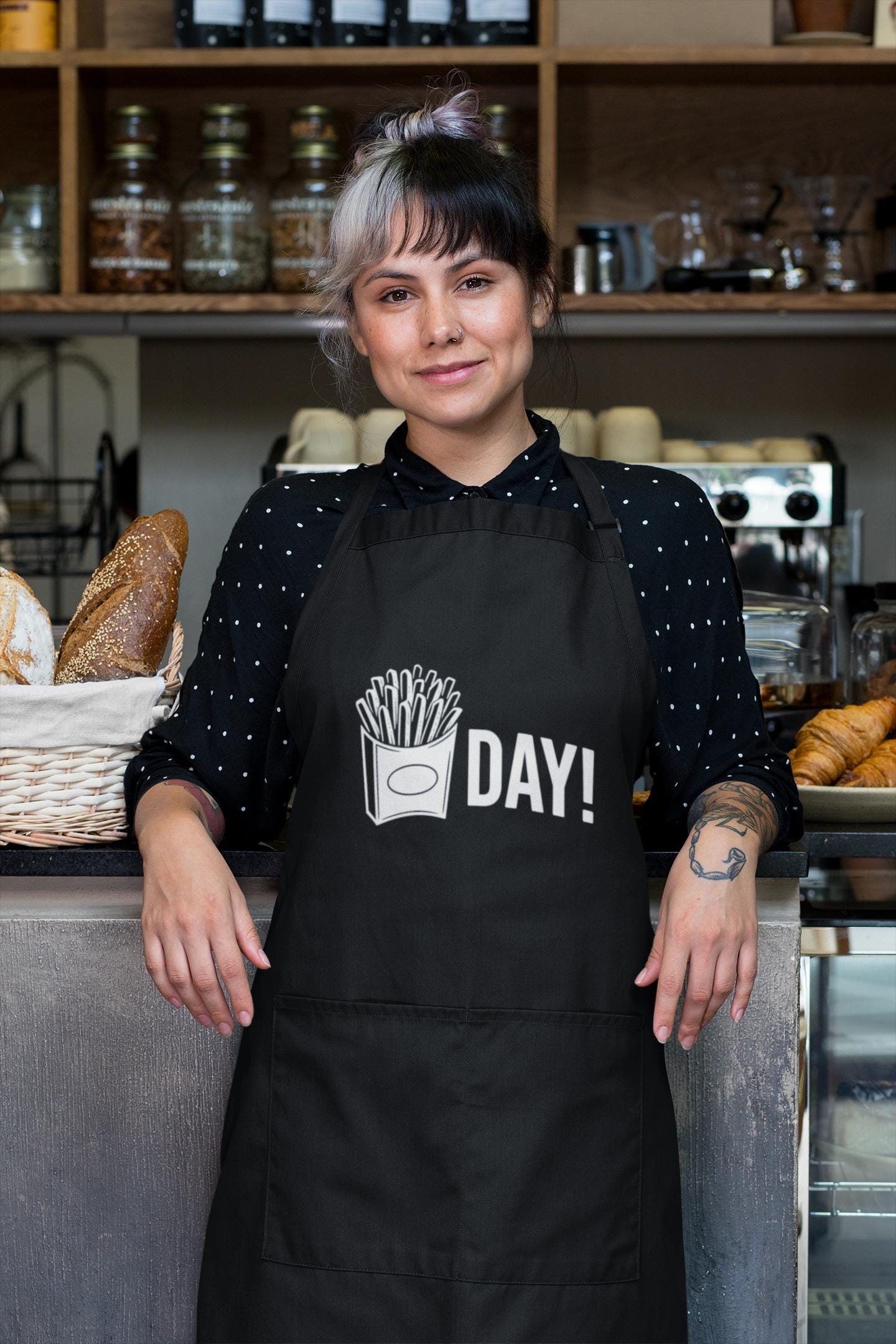 おもしろフライデーエプロン、オーガニックコットンキッチンエプロン